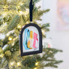 Jingle Bell Original Art Ornament - Pink Ruby Red Metallic Gold Navy High Contrast Swish