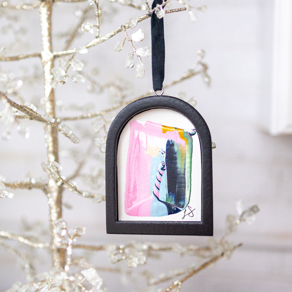 Jingle Bell Original Art Ornament - Pale Pink Blue Green Navy Swish with Perfect Twist