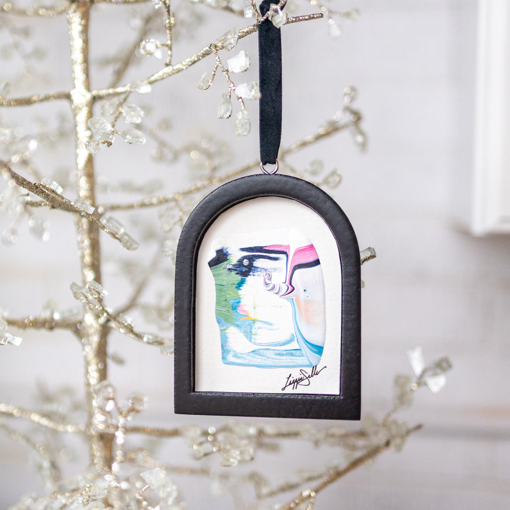 Jingle Bell Original Art Ornament - Pink Blue Green Horizontal Swish with Twist
