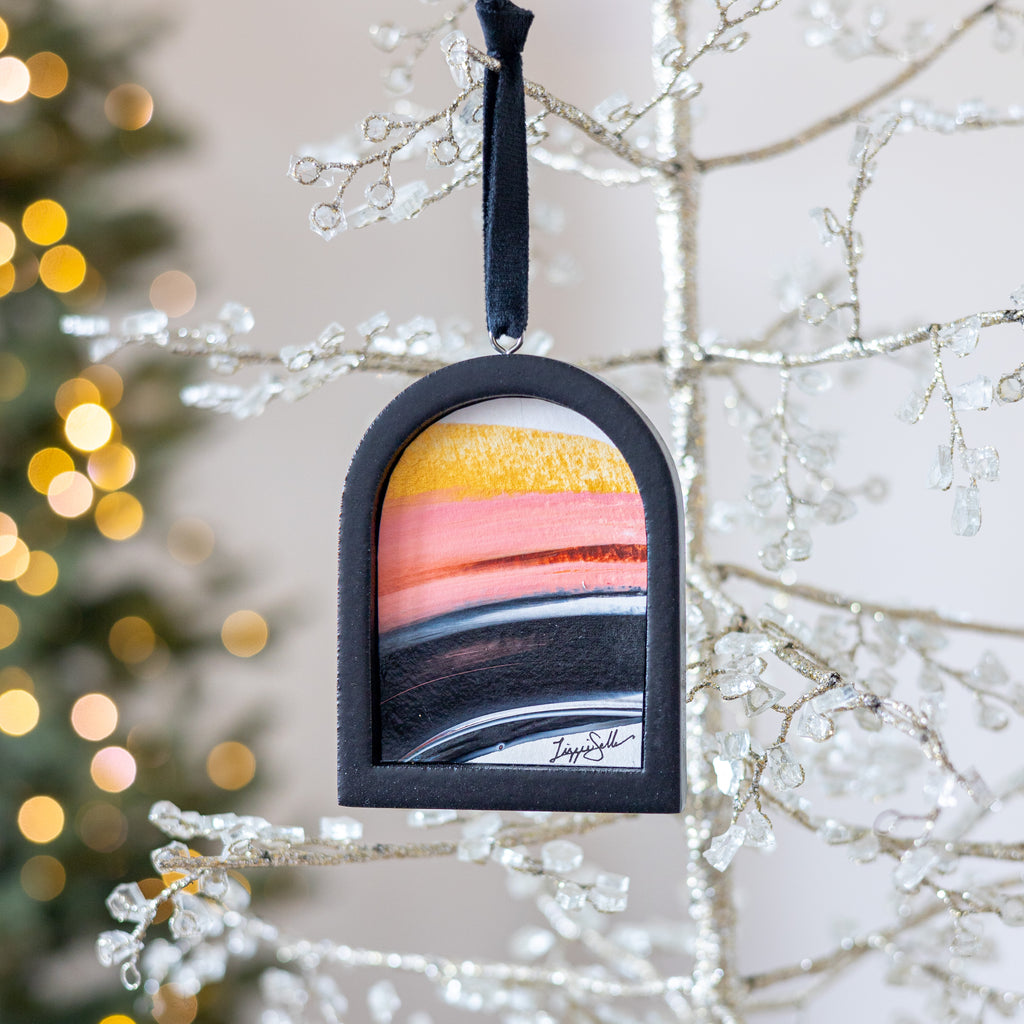 Jingle Bell Original Art Ornament -  Gold Peach Black Swish