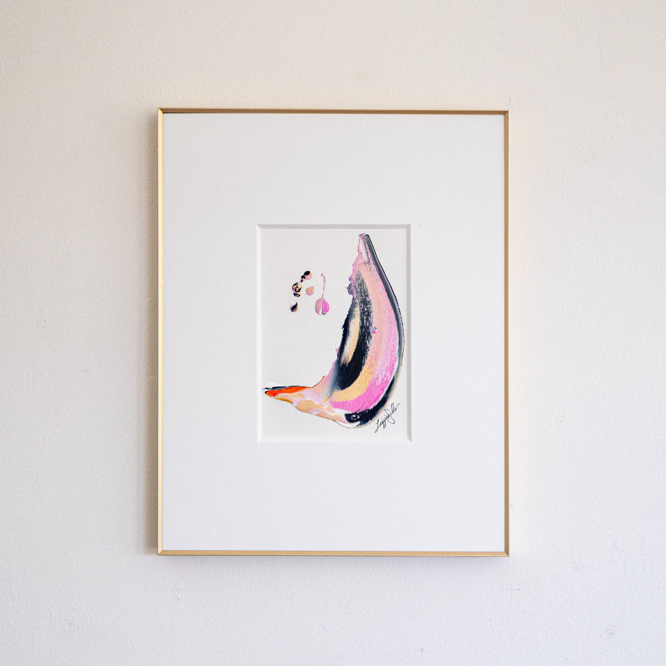 "Joyful Connections" Original Art Framed in 11x14 Aluminum Brass - Black and Pink Swish