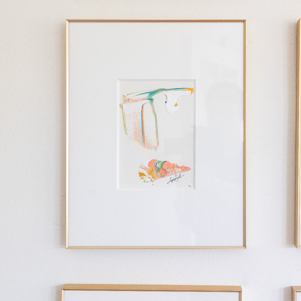 "Joyful Connections" Original Art Framed in 11x14 Aluminum Brass - White Peach Swish