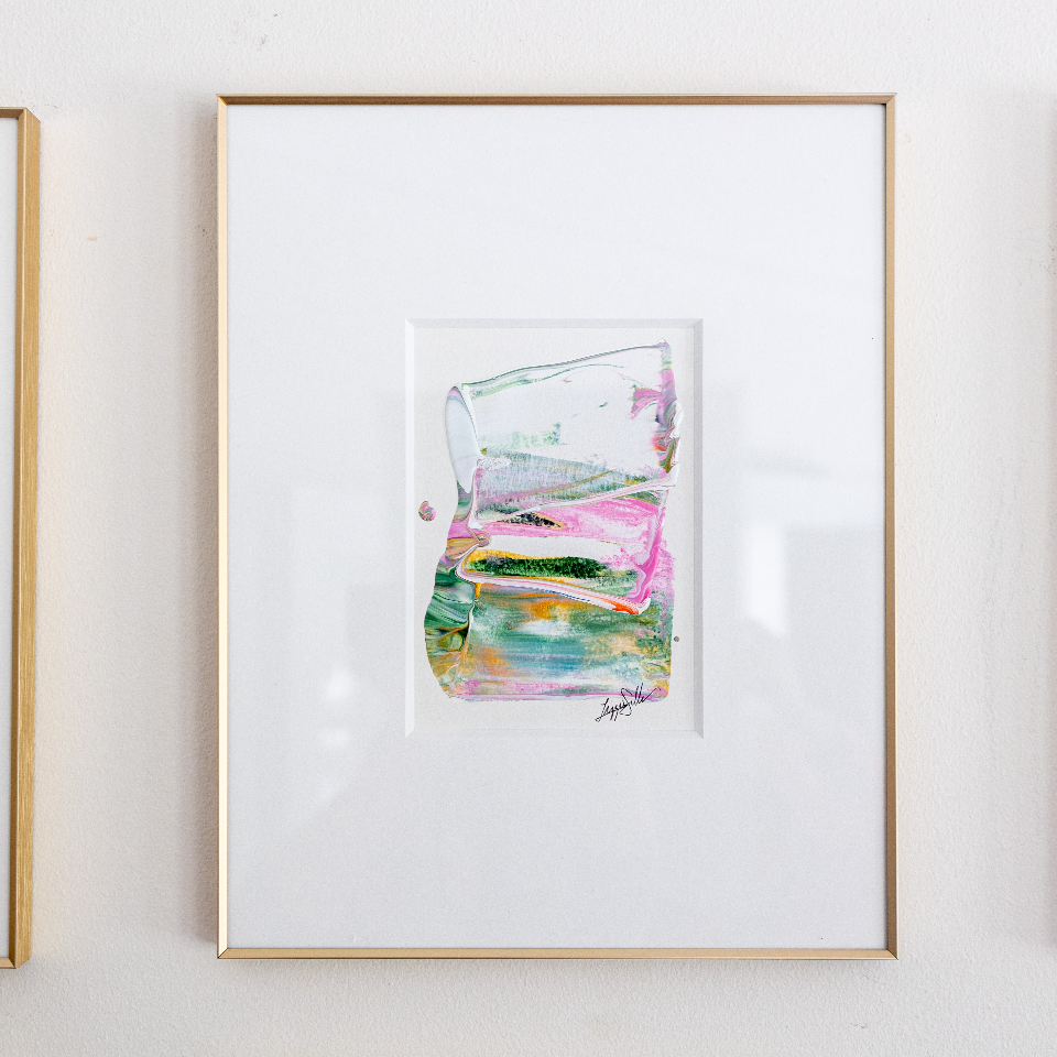 "Joyful Connections" Original Art Framed in 11x14 Aluminum Brass - Green Pink Stack