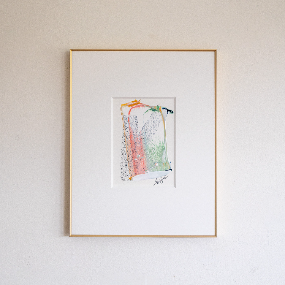 "Joyful Connections" Original Art Framed in 11x14 Aluminum Brass - coral green swish