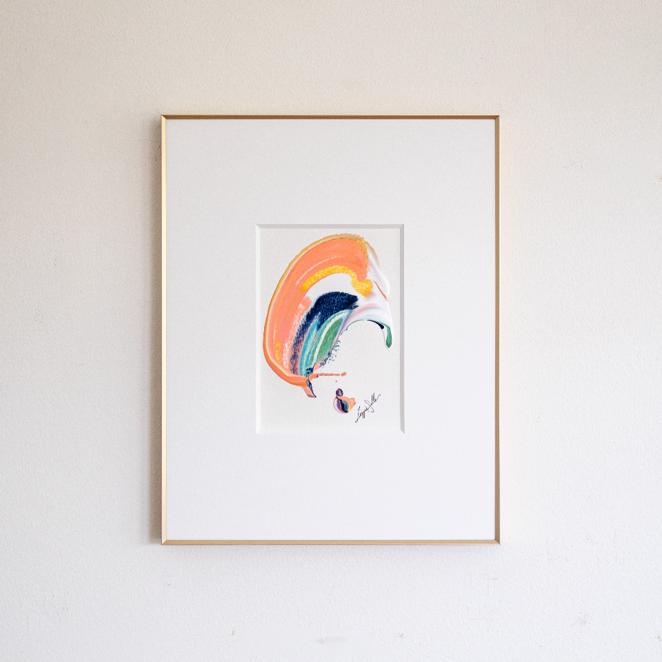 "Joyful Connections" Original Art Framed in 11x14 Aluminum Brass - Coral Striped Swish