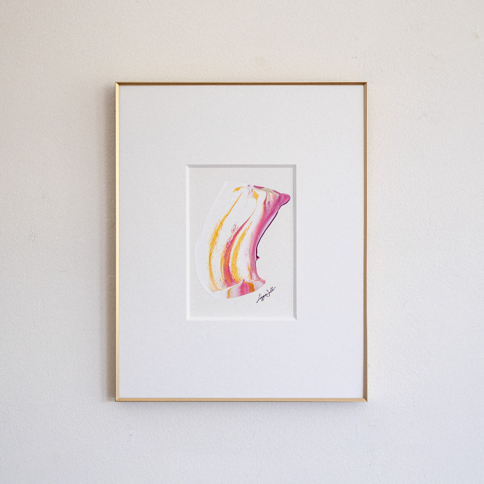 "Joyful Connections" Original Art Framed in 11x14 Aluminum Brass - Striped Pink and Gold Swish