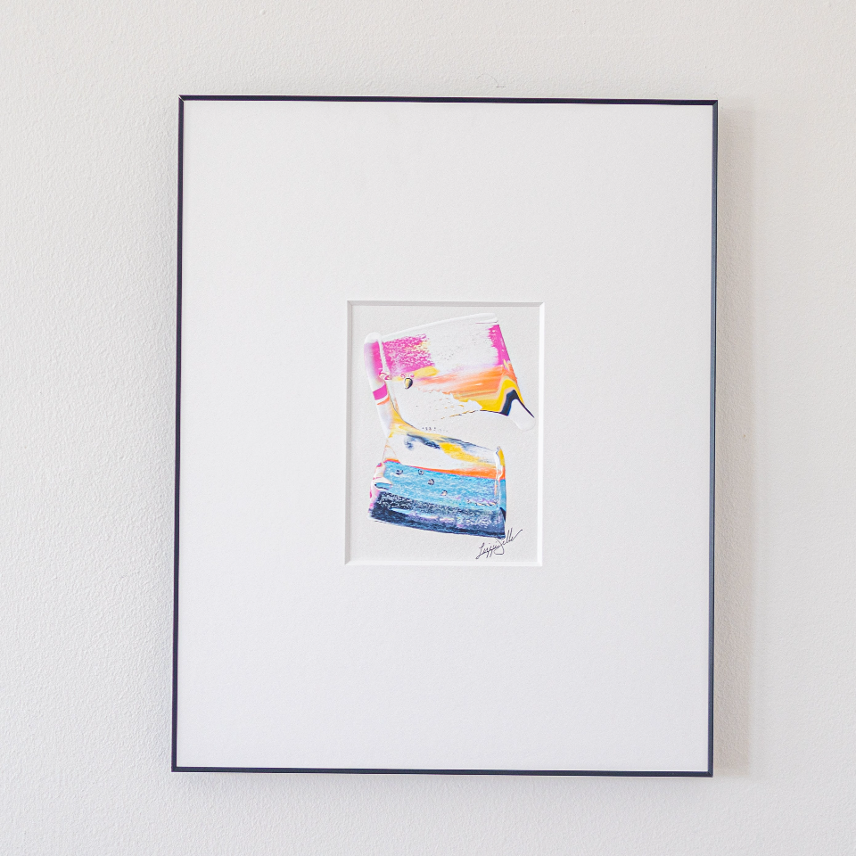 "Joyful Connections" Original Art Framed in 16x20 Aluminum Black - Blue Yellow Pink Stacked