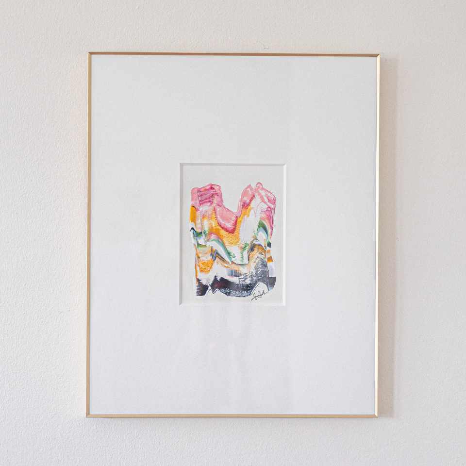 "Joyful Connections" Original Art Framed in 16x20 Aluminum Brass - Abstract Wavy Sunset