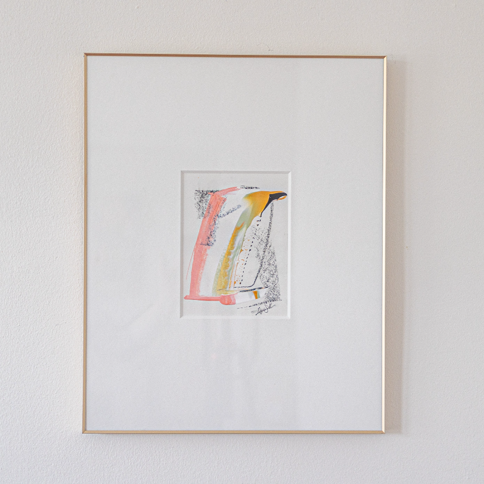 "Joyful Connections" Original Art Framed in 16x20 Aluminum Brass - Coral Black Criss Cross