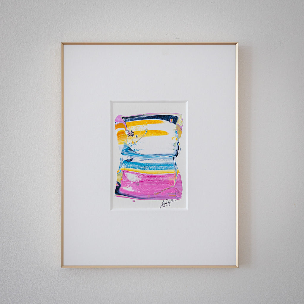 "Joyful Connections" Original Art Framed in 11x14 Aluminum Brass - yellow blue magenta stack