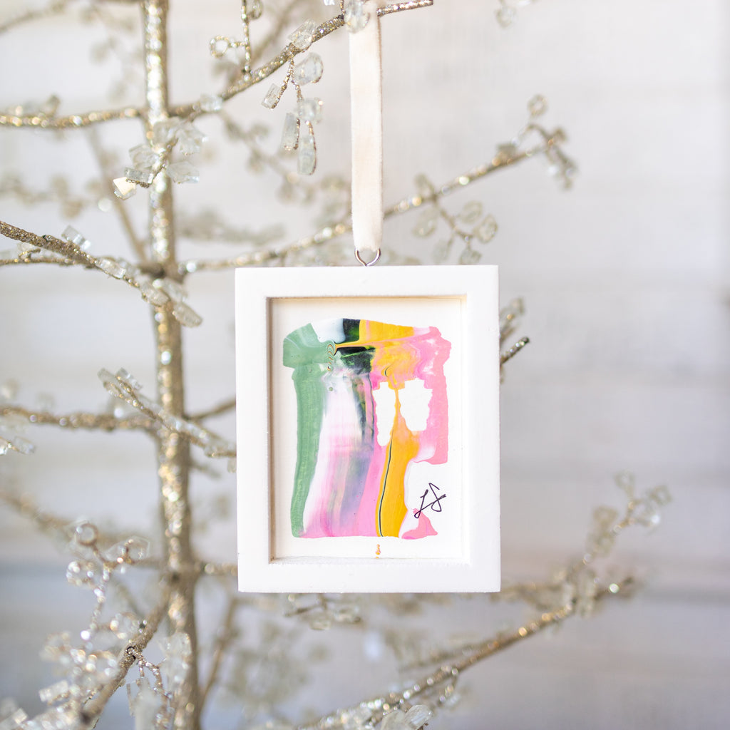 Let It Snow Original Art Ornament - Pink Gold Green Swish