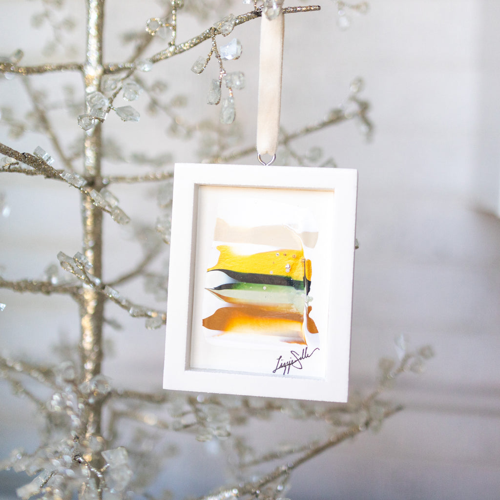 Let It Snow Original Art Ornament - Green Gold Tan Minimalist
