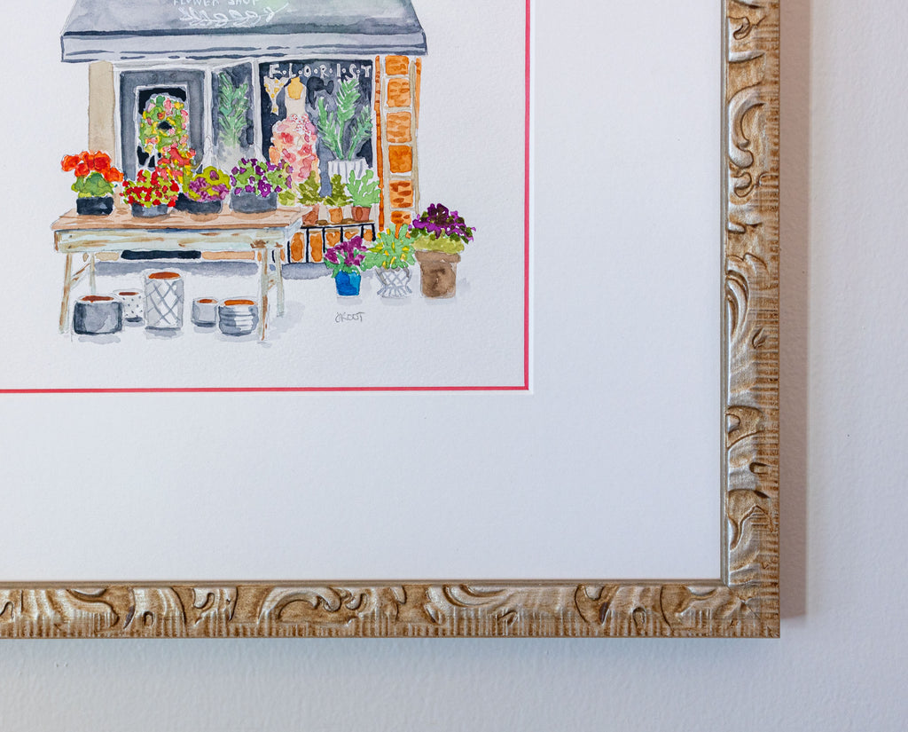 "Maley's Flower Shop" Watercolor in Custom Frame 15"x15"