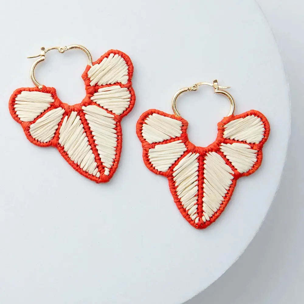 Raffia Earrings in tan and coral on white background
