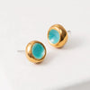 Gold stud earrings with turquoise accent on a white background