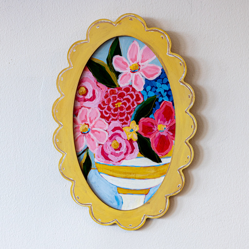 Yellow Oval Scallop Framed Floral Painting