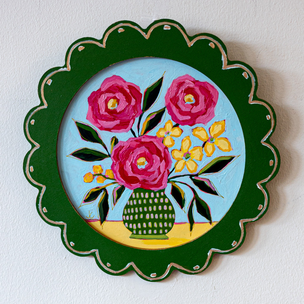 Green Circle Scallop Framed Floral Painting