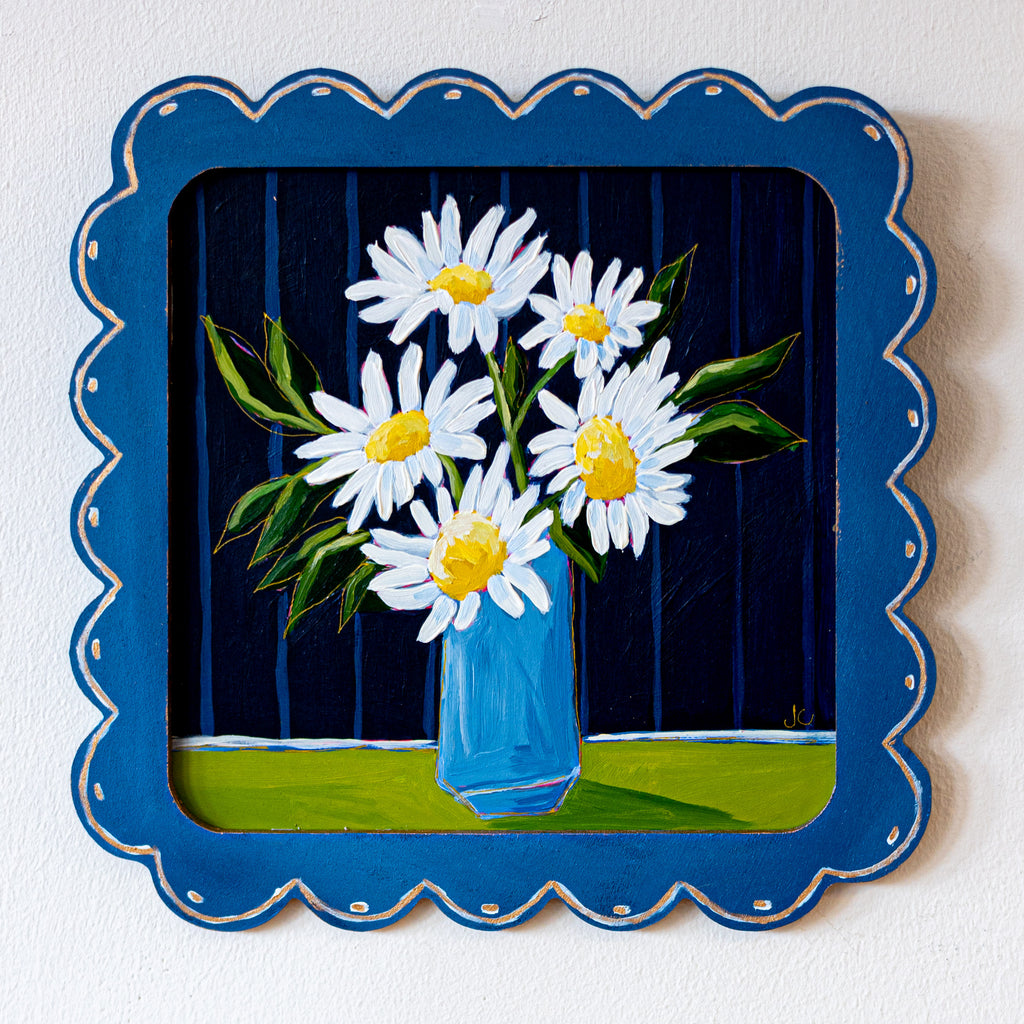 Blue Square Scallop Framed Daisy Painting
