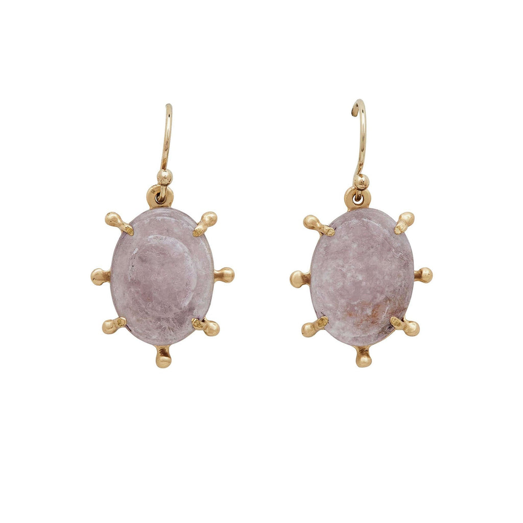 A pair of gold drop earrings featuring oval light pink gemstones in a six-prong setting, suspended from gold hooks against a plain white background.