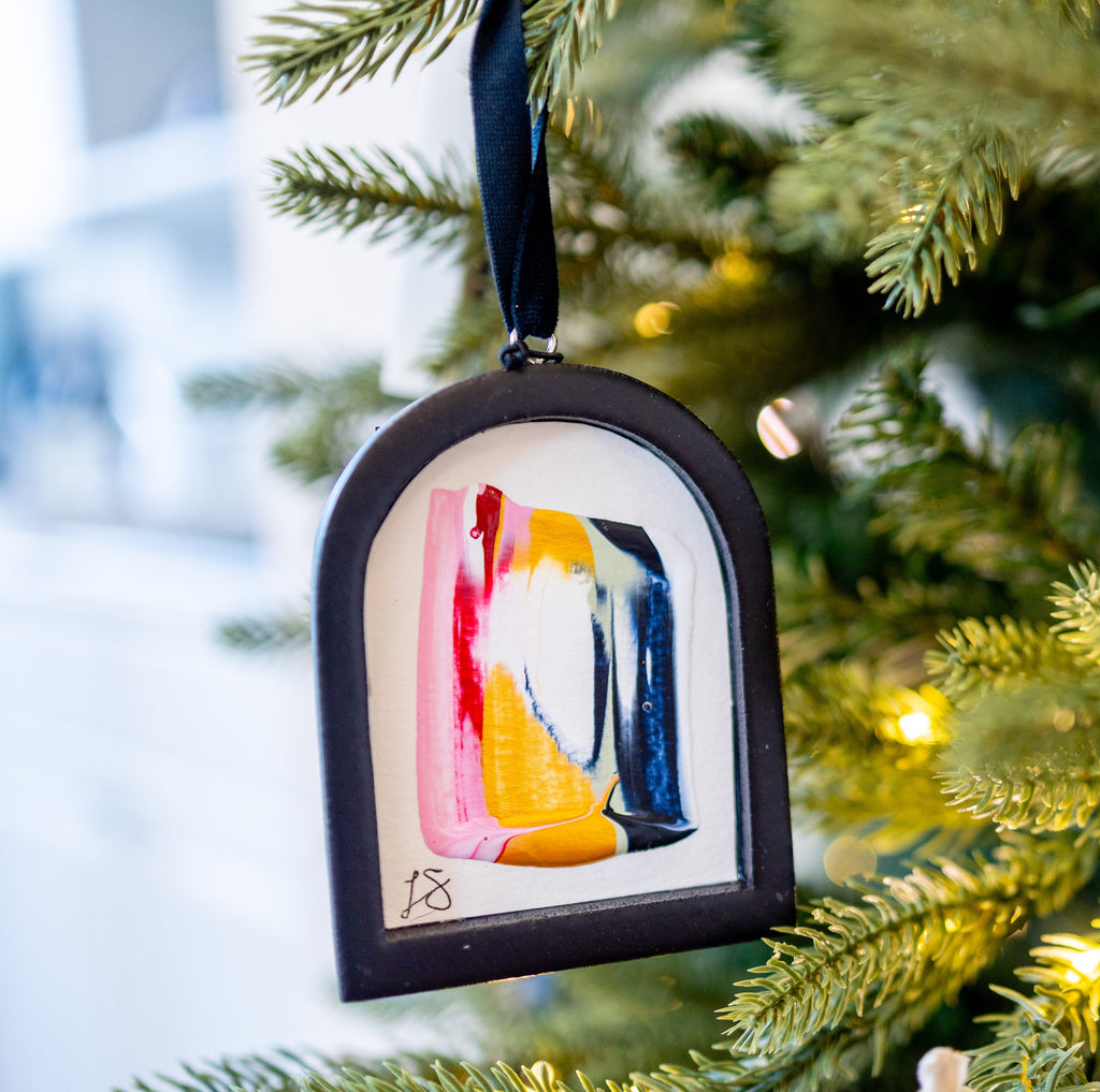 Jingle Bell Original Art Ornament - Pink Ruby Red Metallic Gold Navy High Contrast Swish