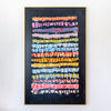 Abstract art piece with colorful horizontal stripes on a black background