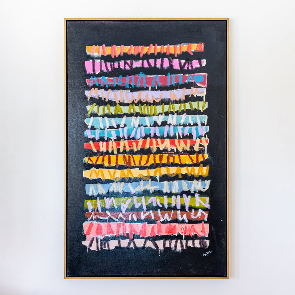 Abstract art piece with colorful horizontal stripes on a black background