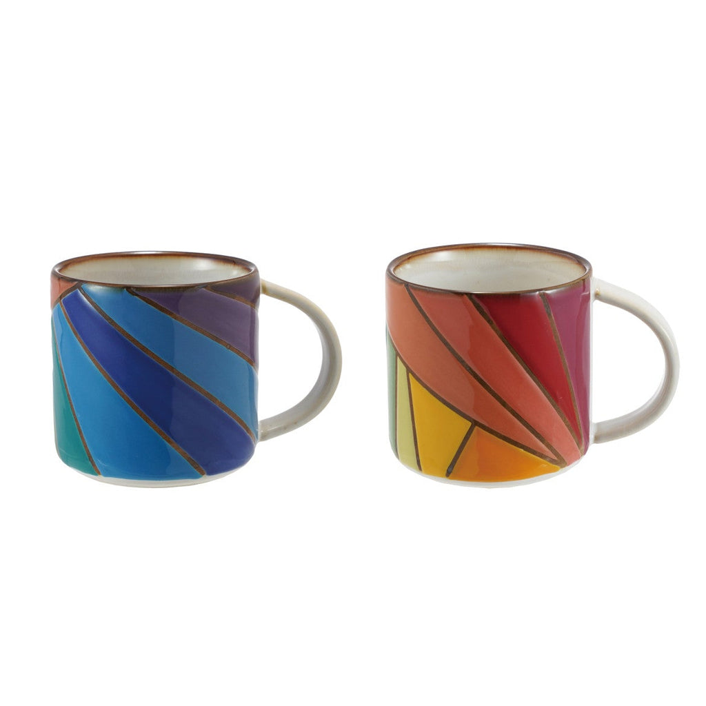 Two colorful mugs with striped patterns on a white background