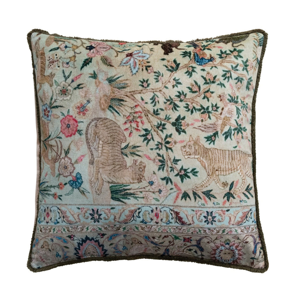 Decorative pillow with intricate patterns and animals on a white background