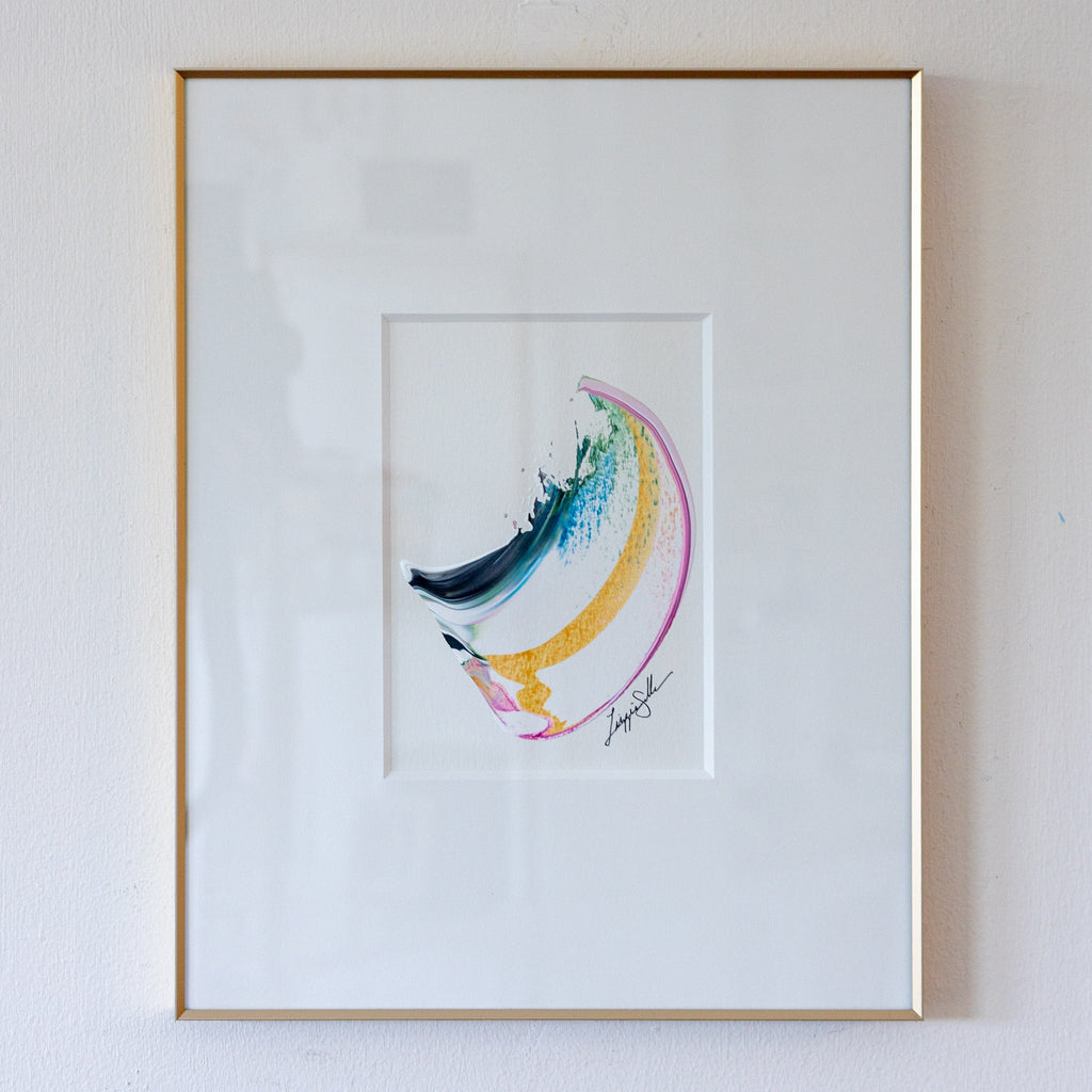 "Joyful Connections" Original Art Framed in 11x14 Aluminum Brass - Green Pink Gold Swish